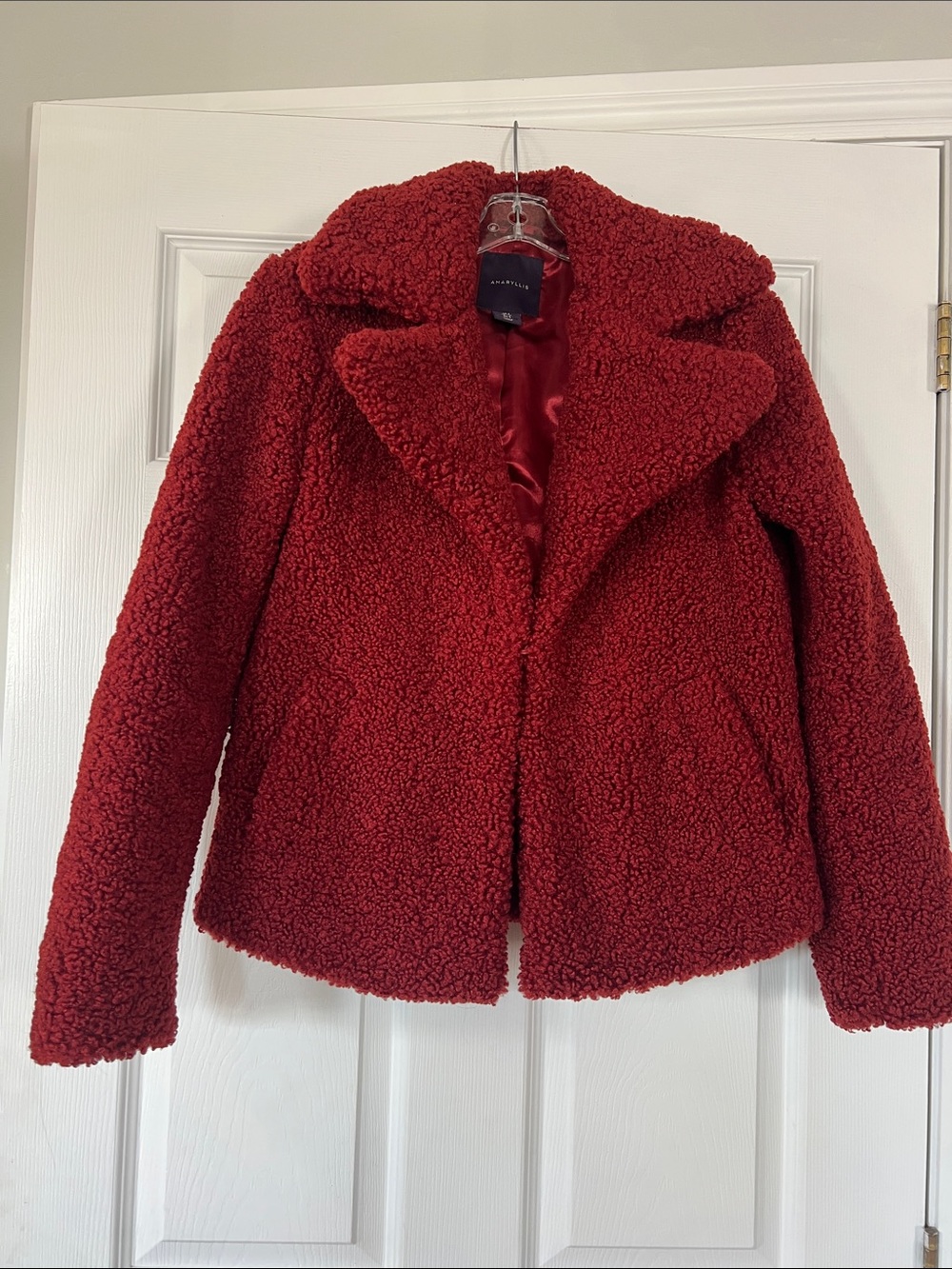 Amaryllis Crimson Red Teddy Coat with Wide Lapel